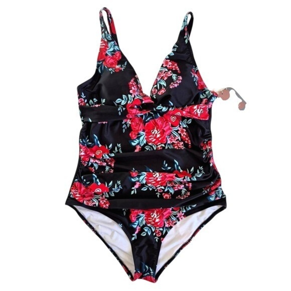 Smismivo Womens One Piece Swimsuit‎ Floral Black Red Ruched Tummy Control XL NWT